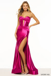 Sherri Hill 56161 in Fuchsia with corset bodice and thigh-high slit.