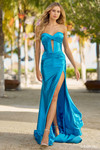 Sherri Hill 56161 in Peacock with front keyhole cutout and ruched skirt.