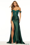 Sherri Hill 56176 in Emerald with 3D lace applique corset and thigh-high slit.