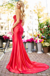 Sherri Hill 56198 in Red showing mid-open back and ruched skirt with train.