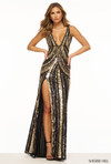 Sherri Hill 56316 in Black/Gold with striped sequin pattern and plunging neckline.