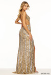 Sherri Hill 56316 in Gold showing sexy open back and thigh-high slit.