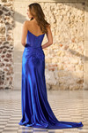 Sherri Hill 56620 in Dark Royal showing mid-open back and sweep train.