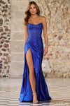Sherri Hill 56620 in Dark Royal with hot-fix stone corset bodice and high slit.