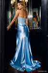 Sherri Hill 56643 in Light Blue showing straight across back and sweep train.
