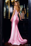 Sherri Hill 56702 in Pink showing mid-open back and ruched skirt with train.