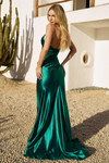 Sherri Hill 56776 in Emerald showing zipper back closure and sweep train.
