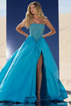 Sherri Hill 56830 in Aqua with beaded bodice, basque waist, and voluminous taffeta skirt.
