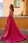 Sherri Hill 57077 in Fuchsia Print with A-line skirt and thigh-high slit.