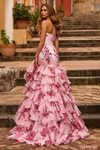 Sherri Hill 57144 in Pink Print showcasing the zipper back closure and dramatic tiered ruffle mermaid train.