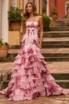 Sherri Hill 57144 in Pink Print with strapless straight neckline, floral appliqués, and cascading ruffle chiffon skirt.