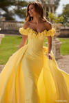 Sherri Hill 57200 in Yellow with sculpted corset waist and elegant off-the-shoulder neckline.