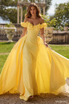Sherri Hill 57200 in Yellow with off-the-shoulder 3D floral neckline and fitted corset bodice.