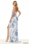 Sherri Hill 57254 in Ivory/Blue with fitted silhouette and thigh-high slit.