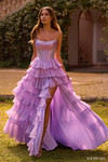 Sherri Hill 57288 in Lilac with stone-embellished corset bodice and tiered chiffon skirt.