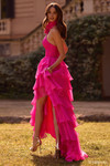 Sherri Hill 57305 in Bright Fuchsia with open back zipper closure and flowing chiffon layers.