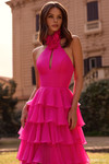Sherri Hill 57305 in Bright Fuchsia with halter rosette neckline and front keyhole cutout.
