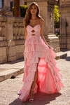 Sherri Hill 57416 in Pink with hot-fix stone embellishments, double keyhole cutouts, and tiered ruffle skirt with slit.