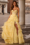 Sherri Hill 57479 in Yellow with strapless sweetheart neckline and lace corset bodice.