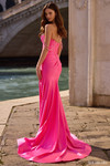 Sherri Hill 57547 in Candy Pink with ruched satin skirt and thigh-high slit.