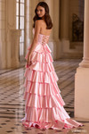 Sherri Hill 57556 in Pink showcasing the adjustable lace-up back and cascading stretch satin ruffle tiers.