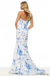 Sherri Hill 57577 in Ivory/Blue Print showcasing the mid-open back with zipper closure and elegant floral satin train.