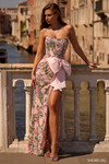 Sherri Hill 57598 in Light Pink Print with intricate floral beading, scoop neckline, and statement satin bow at the hip.