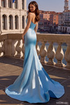 Sherri Hill 57615 in Light Blue showcasing the zipper back closure and dramatic satin fit-and-flare train.