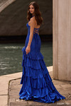 Sherri Hill 57618 in Royal Blue showcasing the romantic lace-up back and dramatic satin ruffle tiers.