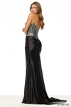 Sherri Hill 57634 in Black/Silver with fitted silhouette, ruched satin skirt, and shimmering stone embellishments.