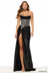 Sherri Hill 57634 in Black/Silver with strapless cowl neckline, exposed boning corset bodice, and thigh-high slit.