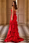 Sherri Hill 57638 in Red back view showcasing the lace-up closure and cascading ruffle tiers.