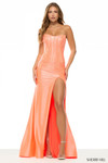 Sherri Hill 57640 in Orange with strapless corset bodice and dramatic high slit.