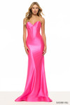 Sherri Hill 57644 in Bright Fuchsia with strapless sweetheart neckline and corset bodice with basque waist.
