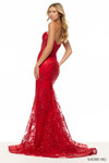 Sherri Hill 57645 in Red with corset bodice and shimmering sequin lace fabric.