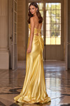 Sherri Hill 57652 in Yellow back view showcasing the lace-up closure and draped train.
