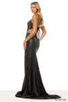 Sherri Hill 57654 in Black/Silver with spaghetti straps, open tie back, and stone embellished jersey.