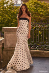 Sherri Hill 57665 in Ivory/Black polka-dot satin with contrast bandeau neckline and thigh-high slit.