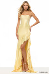 Sherri Hill 57675 in Yellow with all-over hot-fix stone embellishment and cascading ruffle slit.