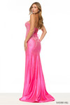 Sherri Hill 57684 in Bright Fuchsia with open lace-up back and sleek fitted silhouette.