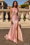 Sherri Hill 57689 in Blush with high halter neckline, sheer illusion bodice, and thigh-high slit.