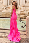 Sherri Hill 57691 in Bright Fuchsia with ruched stretch satin skirt and lace-up corset back.
