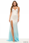 Sherri Hill 57712 in Blue/White with halter straps, corset bodice, and ombre stone embellishments.