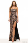 Sherri Hill 57734 in Leopard with strapless neckline, fitted silhouette, and thigh-high slit.