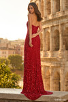 Sherri Hill 57736 in Red back view showcasing the fully beaded finish and sleek sheath silhouette.