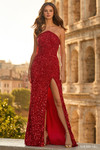 Sherri Hill 57736 in Red with all-over sequin beading, modified strapless neckline, and thigh-high slit.