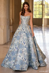 Sherri Hill 57741 in Light Blue Print with strapless scoop neckline and structured corset bodice.