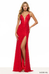 Sherri Hill 57744 in Red with stone embellished beaded lace, plunging V-neckline, and thigh-high slit.