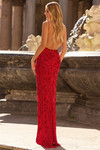 Sherri Hill 57777 in Red back view showing completely open back and fitted sequin silhouette.