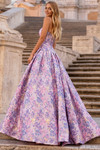 Sherri Hill 57781 in Lilac Print back view showing straight across back and full brocade silhouette.